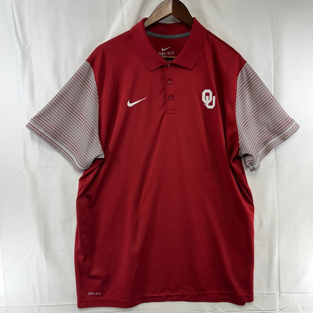 Nike Oklahoma Sooners OU Polo Shirt Mens XXL Red Striped Sleeve Dri-FIT 32860X